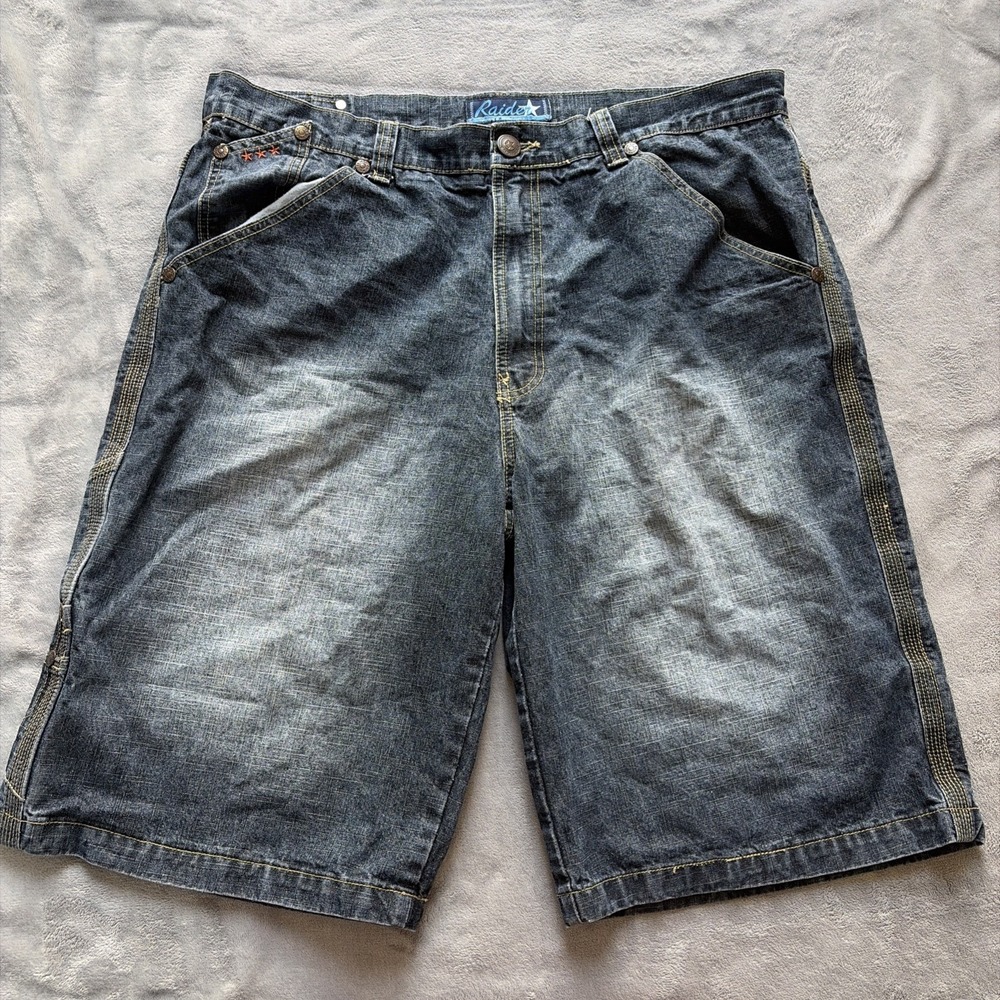 Raider Jean Co Rock & Roll Denim Shorts Sz 40 Embroidered Long Y2K Skater